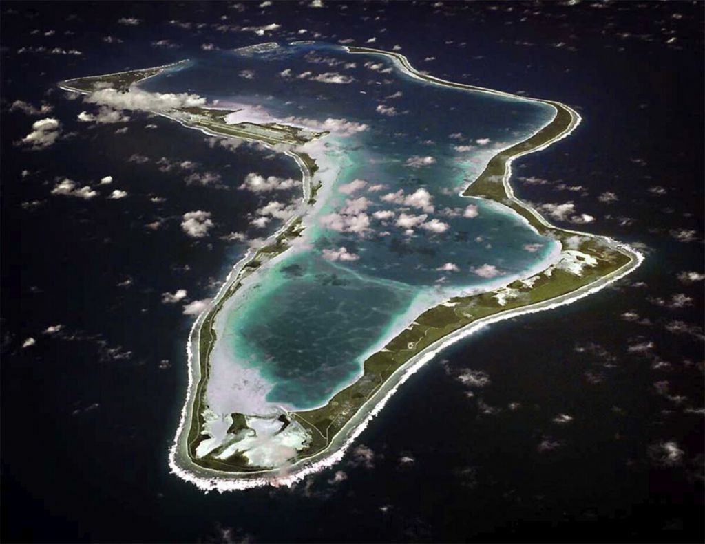 FILE - This image realeased by the U.S. Navy shows an aerial view of Diego Garcia. (U.S. Navy via AP, File)