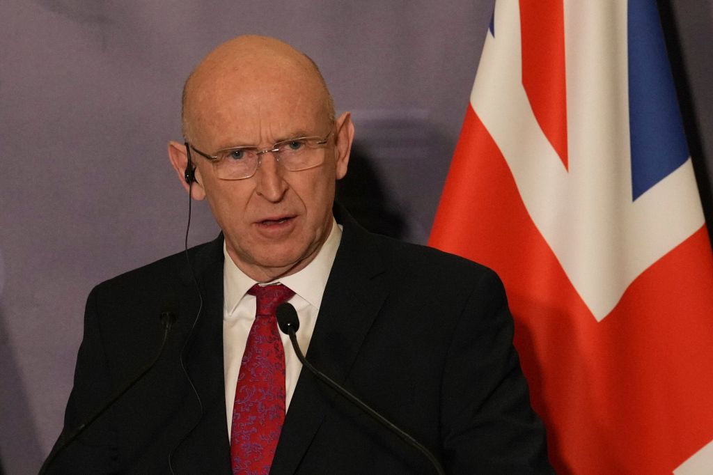 John Healey, British Secretary of State for Defence, attends a press conference following a meeting to discuss support for Ukraine in Paris.