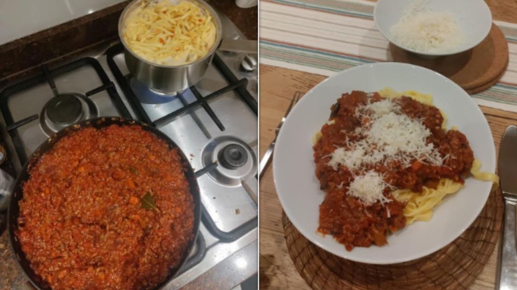 Bolognese cooking (left) and plated (right).