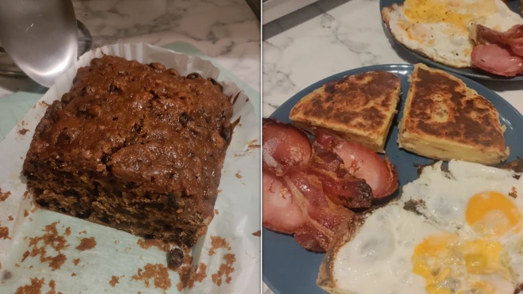 Tea loaf on the left: potato farls on the right