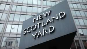 New Scotland Yard sign at the HQ of the London Met Police