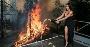 Kim Kardashian pouring champagne on the flames.