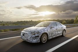 mercedes cla prototype driving at sunset   front three quarters