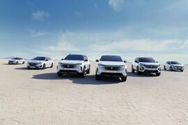 Peugeot electric cars drive through a desert in formation