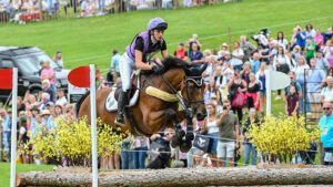 Emily King and Valmy Biats on the Burghley Horse Trials cross-country course in 2023.