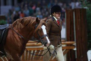 Robyn-Jayne Hadland leads Garlance Flash Jac our of the arena after suffering a broken stirrup at HOYS.