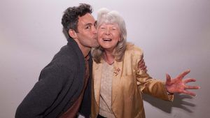 Rivals cast revealed: Alex Hassell, who will play Rupert Campbell-Black, gives author Jilly Cooper a kiss on the cheek. Rivals is confirmed for season two.