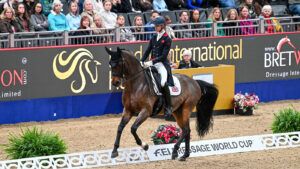 Lewis Robertson-Carrier and Diego V in the grand prix class during the London Horse Show dressage in 2024.