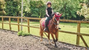 Young girl trots a bay pony toward the camera in a riding manège