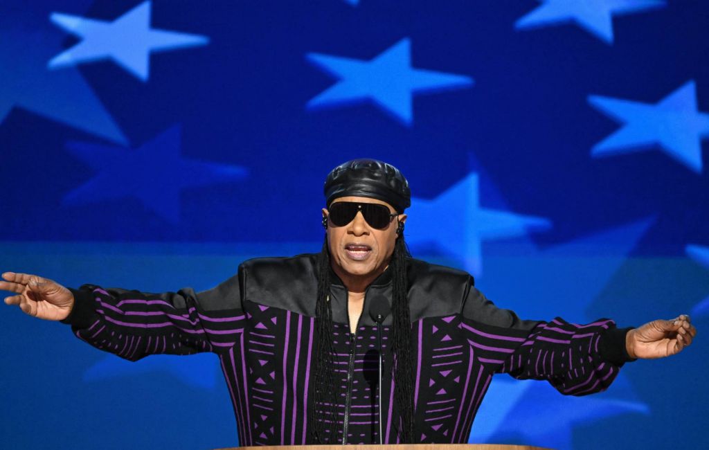 Stevie Wonder speaks on the third day of the Democratic National Convention (DNC) on August 21, 2024. (Photo by Mandel NGAN / AFP) (Photo by MANDEL NGAN/AFP via Getty Images)