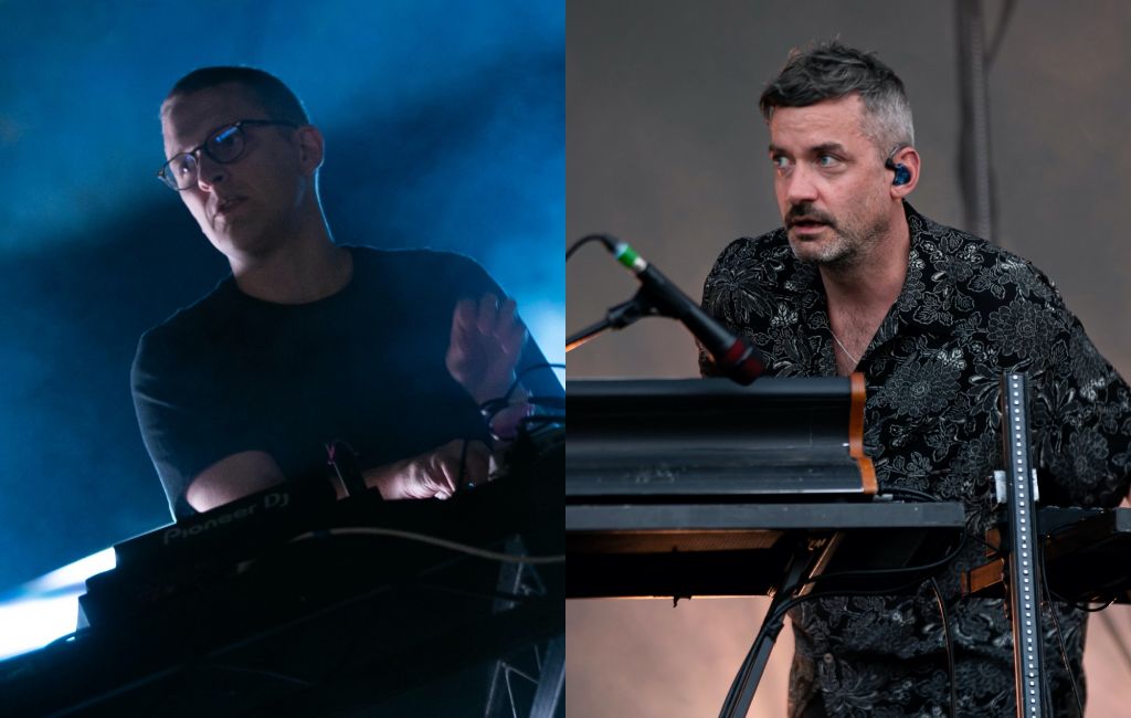 two side by side photographs of Floating Points (left) and Bonobo (right) performing on stage