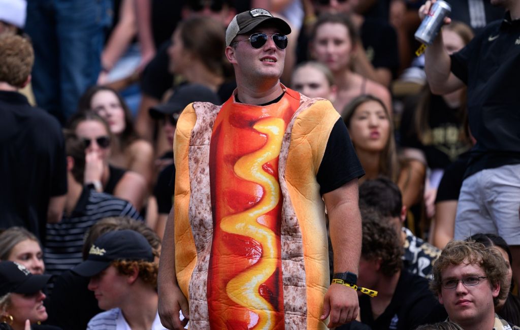 Student dressed in a hot dog costume