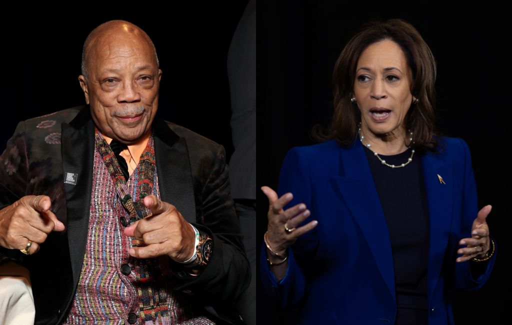 two side by side photographs of Quincy Jones (left) and Kamala Harris (right)