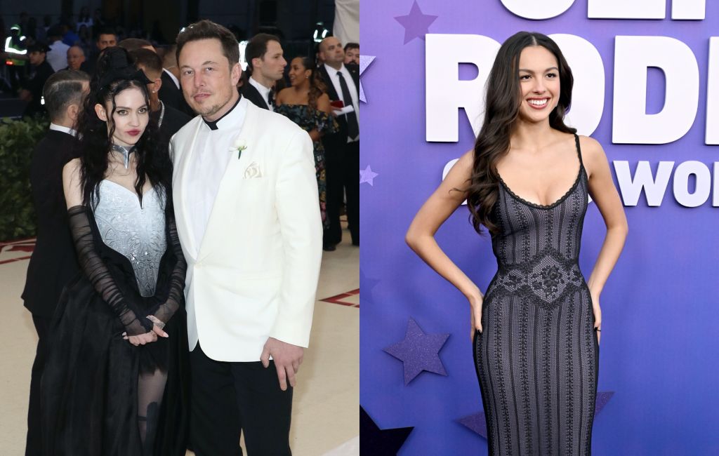 two side by side pictures of Grimes and Elon Musk together (left) and Olivia Rodrigo (right)