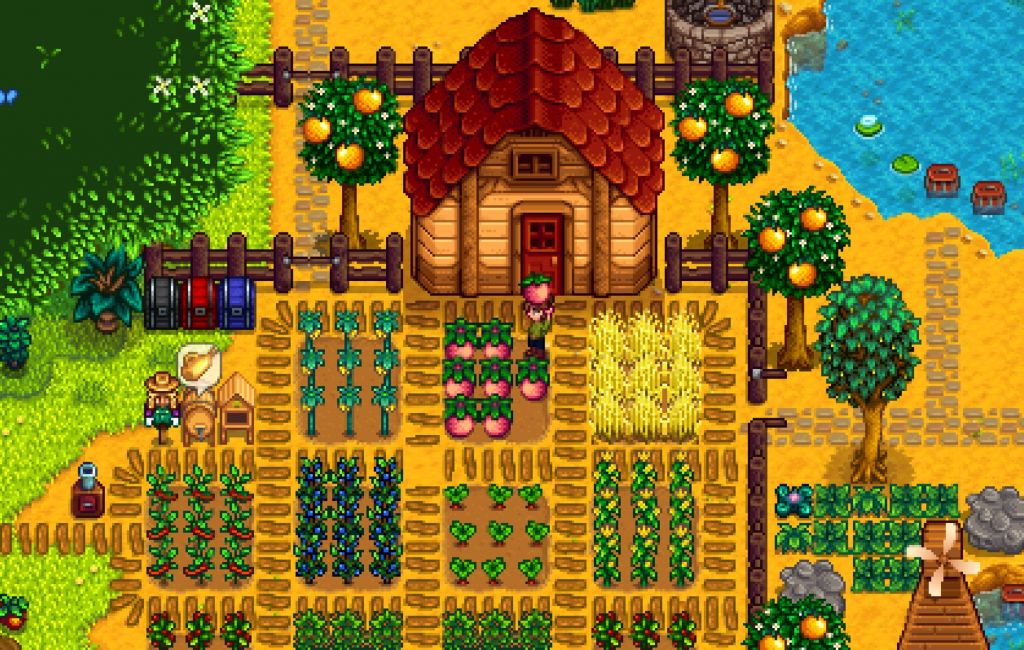 Stardew Valley farm with neat squares of crops