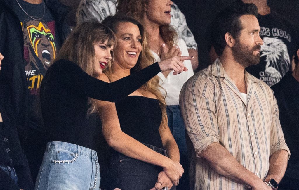 Taylor Swift, Blake Lively and Ryan Reynolds look on prior to the game between the Kansas City Chiefs and the New York Jets at MetLife Stadium on October 01, 2023 in East Rutherford, New Jersey.