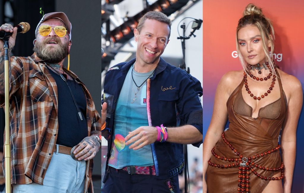 three side by side photographs of Teddy Swims (left), Coldplay's Chris Martin (centre) and Perrie (right)