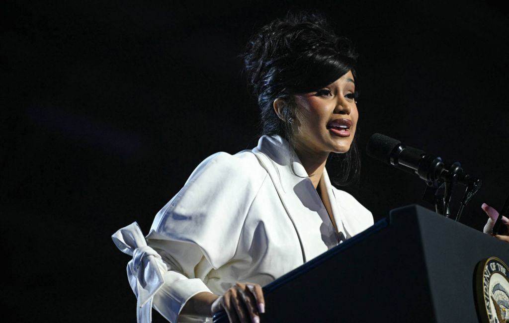 Cardi B speaks ahead of US Vice President and Democratic presidential candidate Kamala Harris during a "When We Vote We Win" rally at the Wisconsin State Fair Park Exposition Center. (Photo by BRENDAN SMIALOWSKI/AFP via Getty Images)