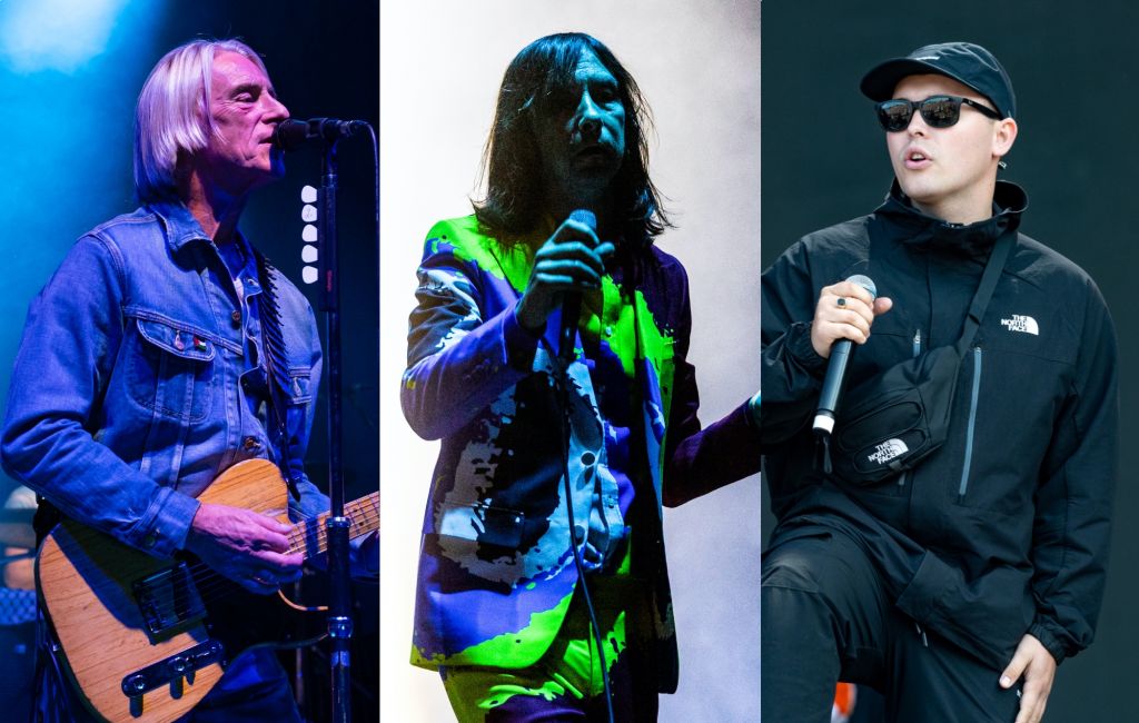 three side by side photographs of Paul Weller (left), Bobby Gillespie of the Primal Scream (centre) and Mo Chara of Kneecap (right) performing live on stage