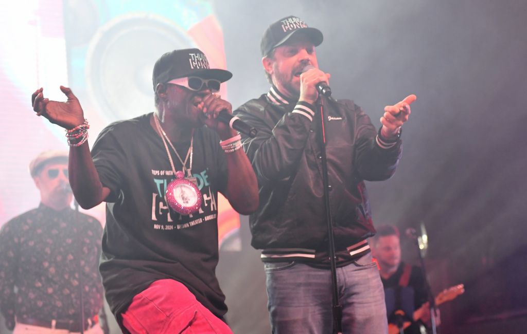 Flavor Flav and Jason Sudeikis perform onstage during the 2024 Thundergong at the Uptown Theater on November 09, 2024 in Kansas City, Missouri