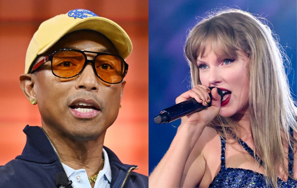 Pharrell Williams and Taylor Swift (Credits: David Fitzgerald/Sportsfile for Web Summit via Getty Images; Kevin Mazur/TAS24/Getty Images for TAS Rights Management)