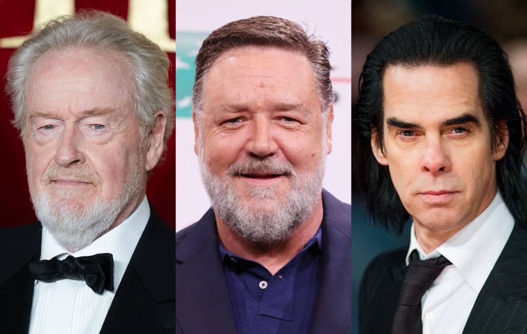 Ridley Scott, Russell Crowe and Nick Cave split image