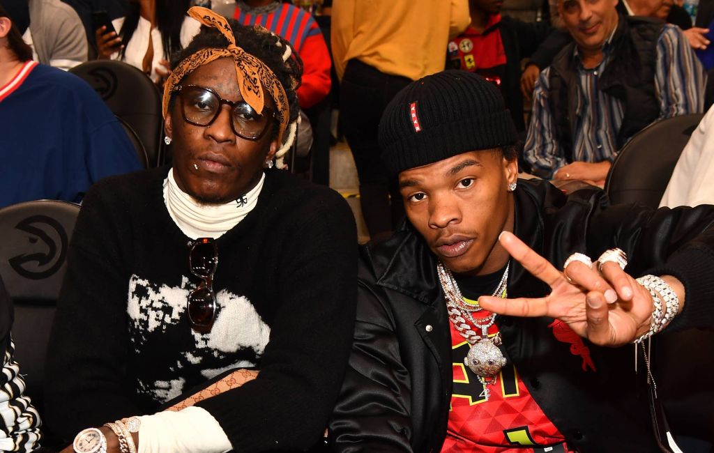 Young Thug and Lil Baby attend The Golden State Warriors vs Atlanta Hawks Game at State Farm Arena on December 3, 2018 in Atlanta, Georgia. (Photo by Paras Griffin/Getty Images)