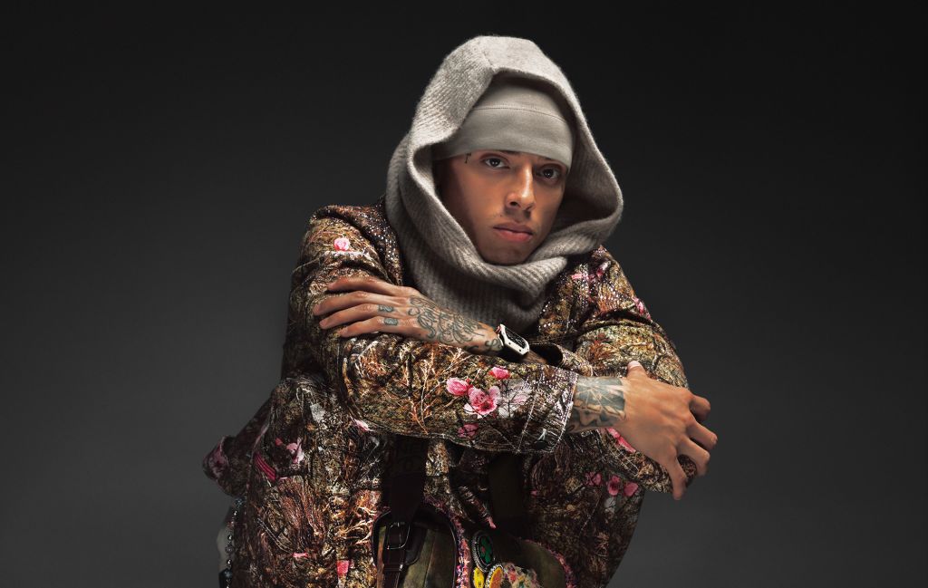 Central Cee is a multicoloured jacket and grey hood, photo by press