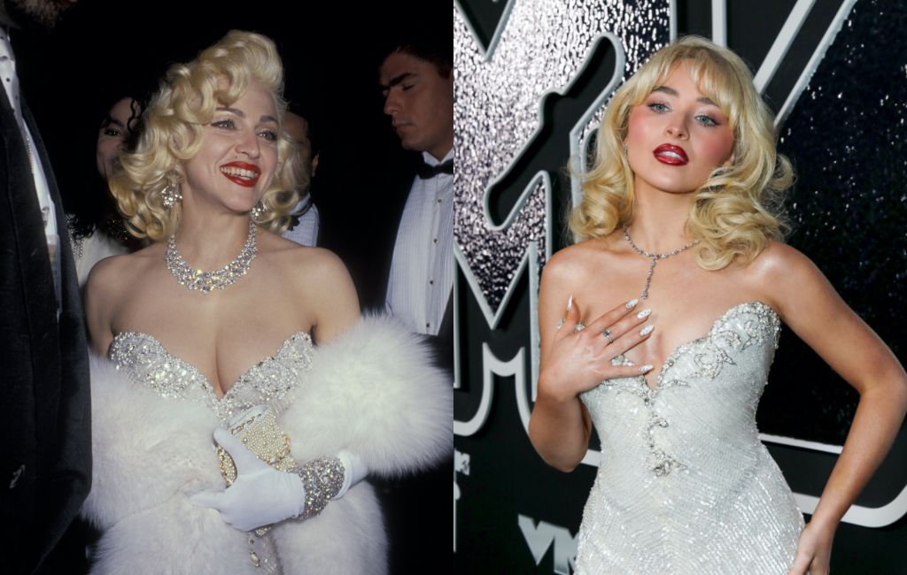 two side by side photographs of Madonna at the Oscars 1991 (left) and Sabrina Carpenter at the MTV VMAs 2024 (right)