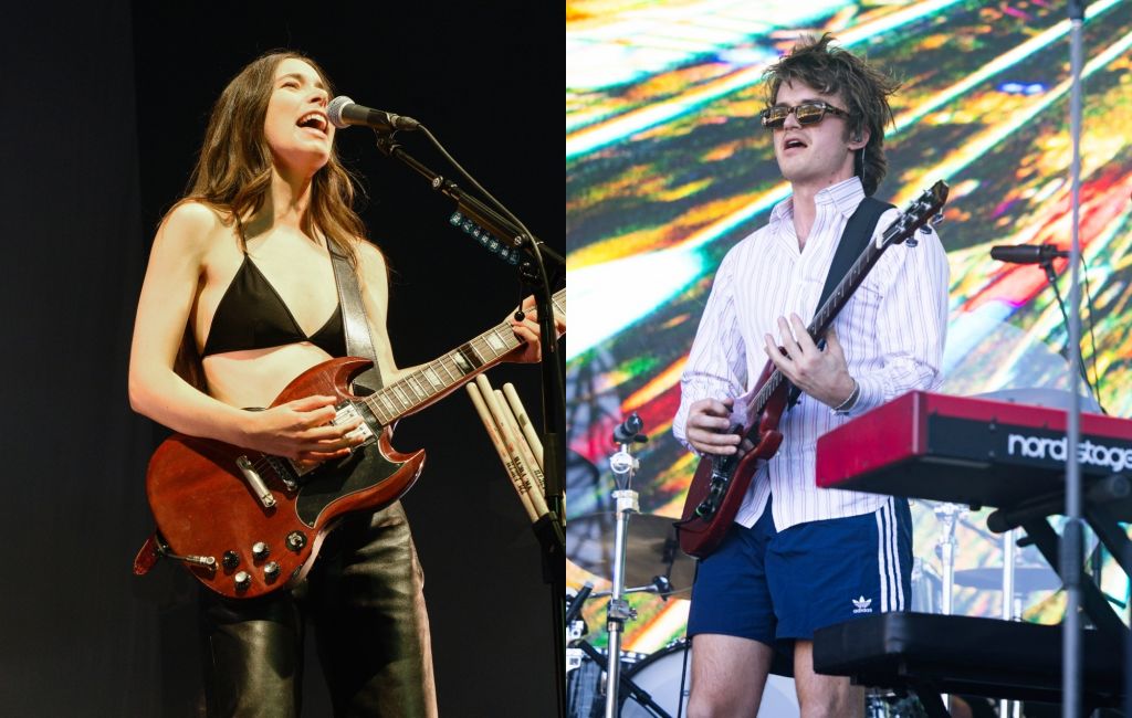 two side by side photographs of Danielle Haim (left) and Djo (right) performing live on stage