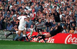 Jonah Lomu of New Zealand vs England