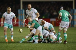 Ireland scrum-half Conor Casey passes the ball during the first test against South Africa in July 2024.