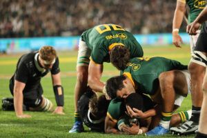 South Africa's Damian De Allende celebrates after scoring against New Zealand in the 2024 Rugby Championship match in Johannesburg.