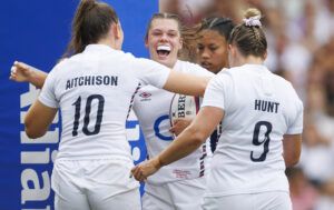 England's Helena Rowland celebrates scoring a try against France in a September 2024 international match at Kingsholm Stadium in Gloucester.