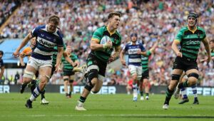 Northampton Saints' Tommy Freeman scores his team’s first try in the 2024 Premiership final against Bath.