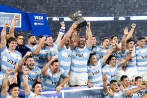 Argentine players celebrate after beating South Africa in the 2024 Rugby Championship