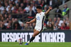 England fly-half Marcus Smith kicks a penalty against New Zealand in their November 2024 match.