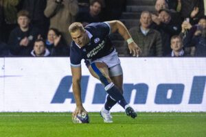 Scotland’s Duhan van der Merwe touchest down against Fiji at Murrayfield in November 2024.