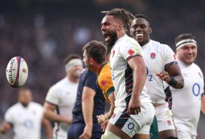 England’s Chandler Cunningham-South celebrates scoring a try against Australia in the Autumn Internationals 2024.