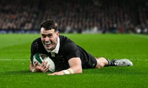 New Zealand’s Will Jordan touches down against Ireland.