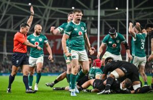 Ireland’s Garry Ringrose celebrates after Josh van der Flier's try against New Zealand in the 2024 Autumn Internationals.