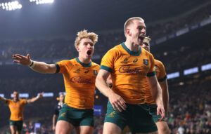 Australia's Max Jorgensen celebrates scoring a try against England in the Autumn Nations Series 2024.