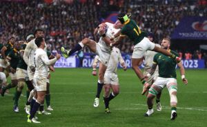 England's Freddie Steward jumps for the ball in the World Cup semi-final match against South Africa in 2023.