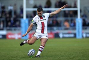 Leicester Tigers' Handré Pollard kicks a penalty in his team's November 2024 Premiership match against Sale Sharks