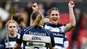 Ilona Maher of Bristol Bears interacts with teammate Sarah Bern after the Allianz Premiership Women's Rugby match between Bristol Bears and Gloucester-Hartpury at Ashton Gate on January 05, 2025 in Bristol, England.