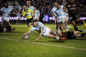 Bath’s Finn Russell touches down during his team’s January 2025 European Champions Cup match against Clermont Auvergne.