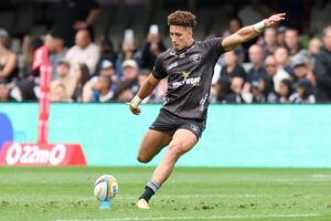 Sharks’ Jordan Hendrikse takes a kick during an October 2024 match against Glasgow Warriors in Durban.