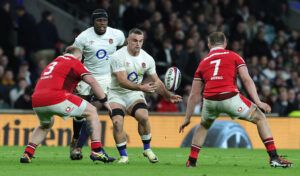 England’s Ben Earl offloads in the 2024 Six Nations match against Wales