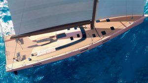 Render of the yacht from above. It has a sleek wood deck and black accents