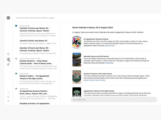 A screenshot from a demonstration video showing how OpenAI's SearchGPT search engine will work. The user has searched for information about "music festivals in boone north carolina in august" and has been presented with links to four results, as well as a sidebar offering links to related pages. Picture: OpenAI